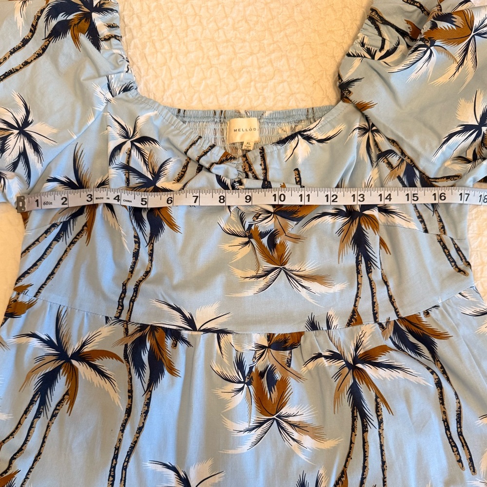 Melloday Light Blue Palm Print Puff Sleeve Dress with Pockets — Size XL - Picture 5 of 10